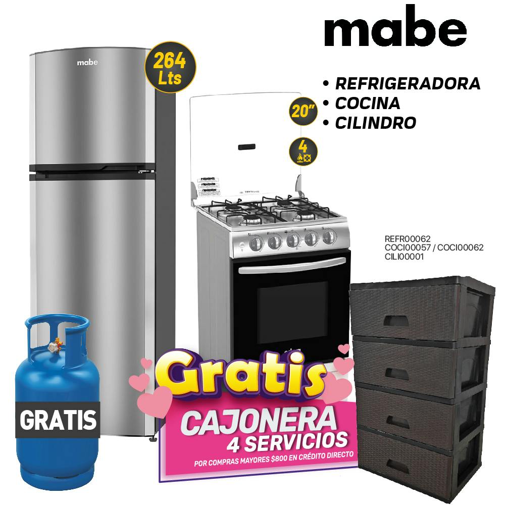 MEGA COMBO 3: COCINA + REFRIGERADORA + CILINDRO MABE
