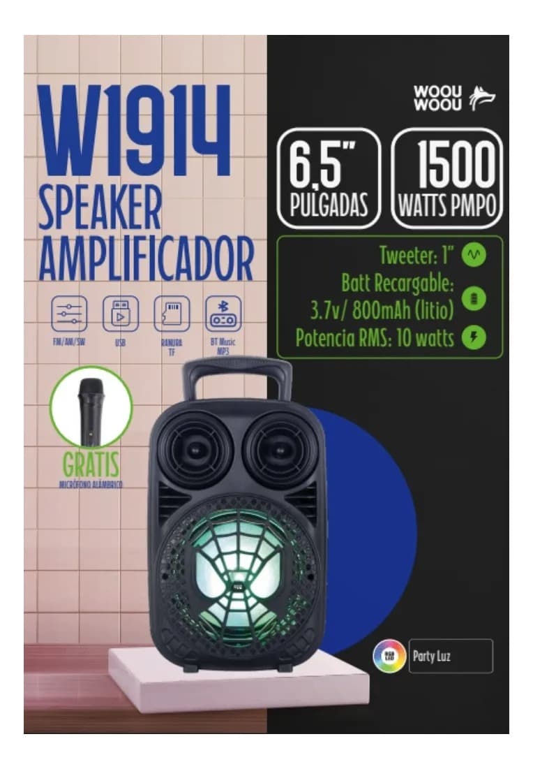 Woou Parlante W1914 6.5" 1500W PMPO Luz RGB Micrófono | Audio
