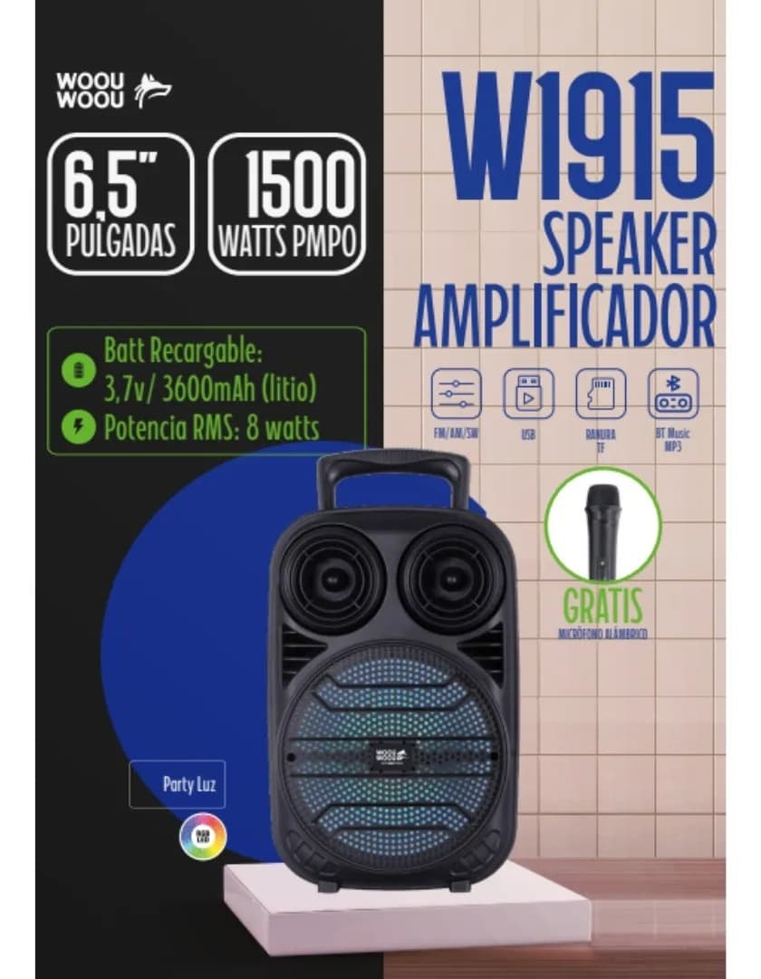 Woou Parlante W1915 6.5" 1500W PMPO Micrófono Alámbrico | Audio